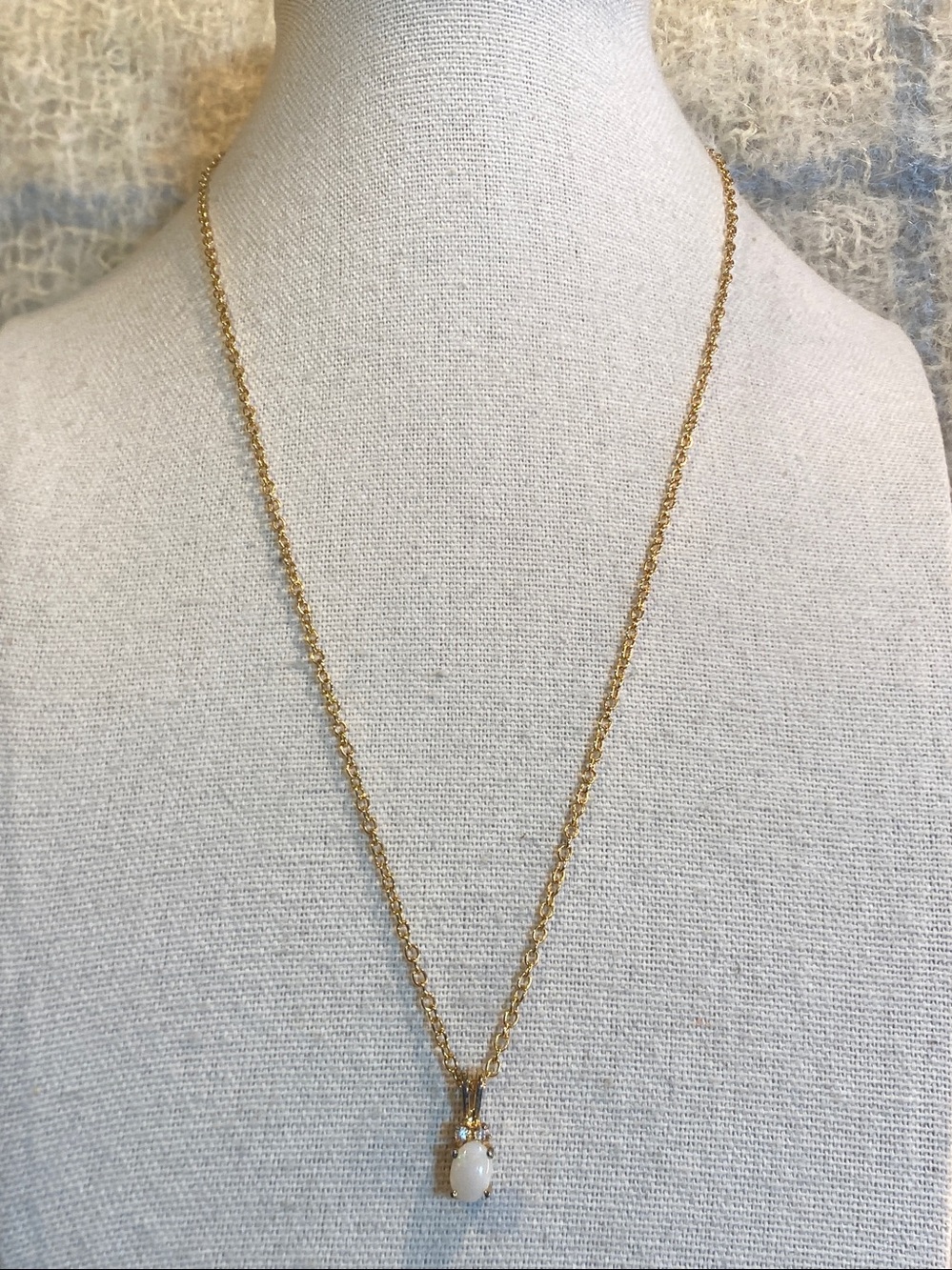 Vintage Opal & CZ Gold Tone Pendant Necklace 18” Dainty Fire Opal Style